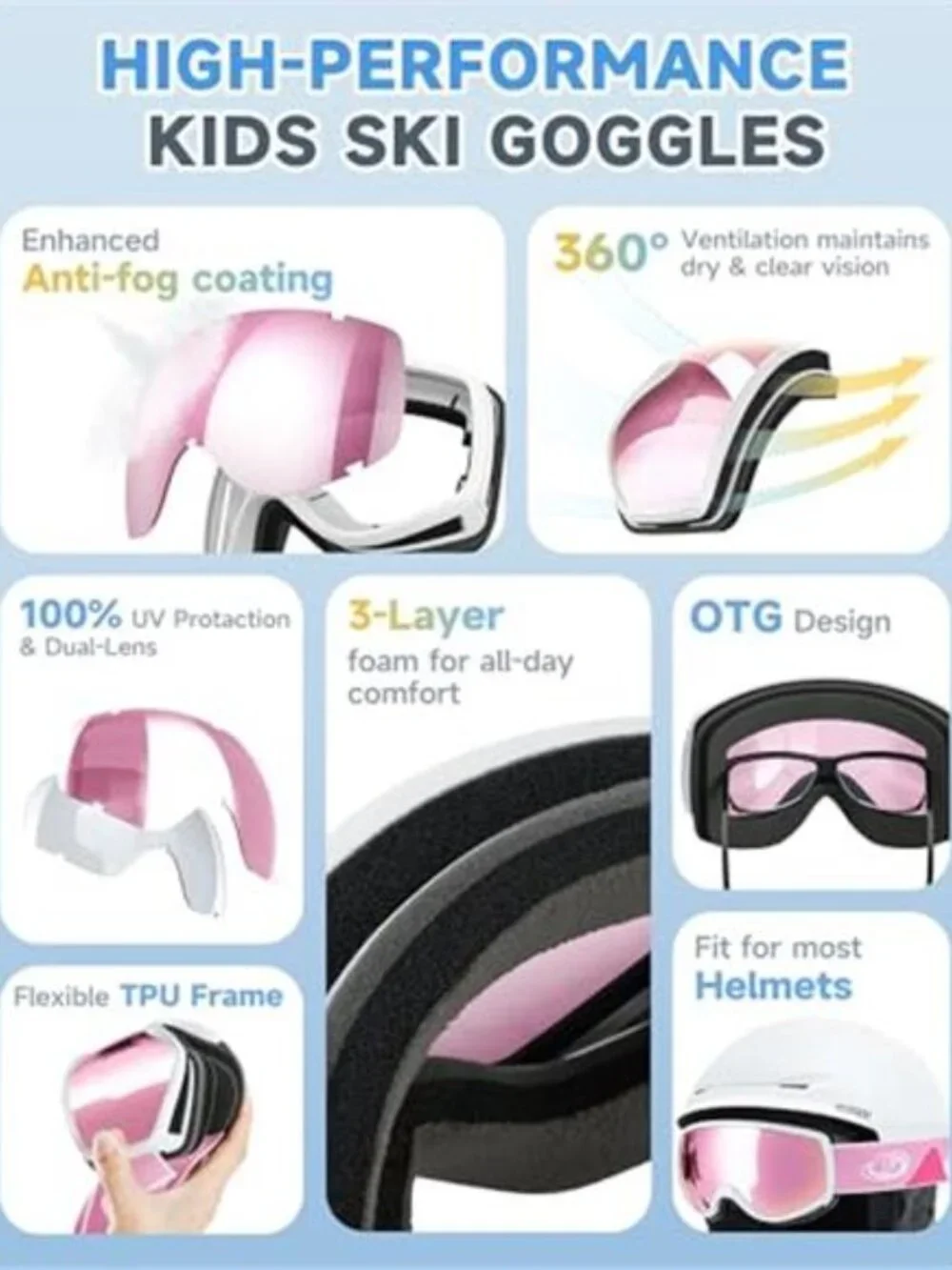 Kids Ski Goggles Anti Fog UV400 Snowboard Goggles Helmet Compatible
